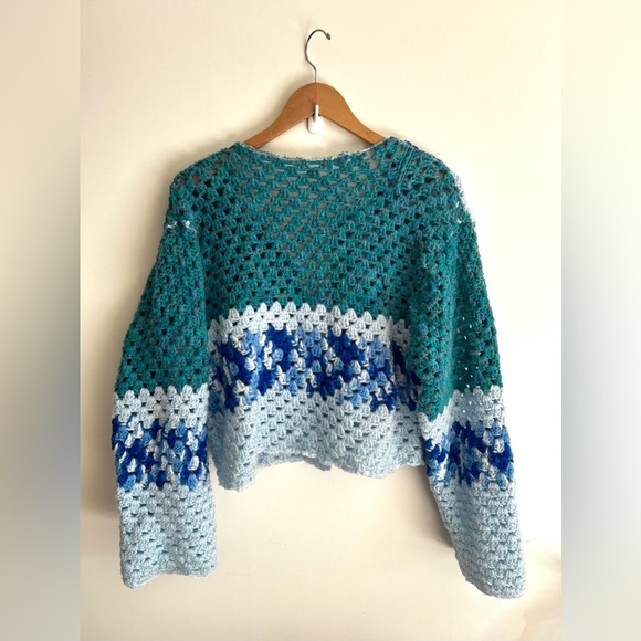 Handmade Crochet Open Cardigan - Teal and Light Blue - Picture 4 of 6